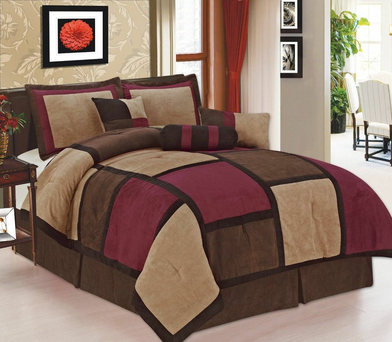 Rashi 10 or 8 Piece Color Block Bed In a Bag Bedding and Comforter Set burgundy  queen, queen - Smith's Food and Drug