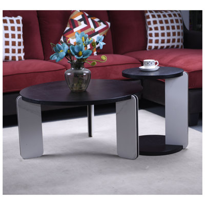 Modern 2-Piece Living Room Table Set - 32.68" Coffee Table & 16.93" End Table with Black Oak Veneer Surface & Sintered Stone Legs, White and Black