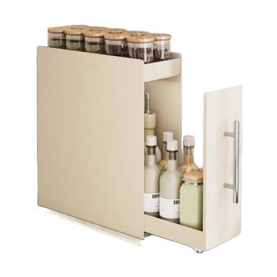 Double-layer kitchen storage rack with magnetic hooks, includes a cutting board holder, suitable for storing condiments, teacups, spices, herbs, and water bottles. This countertop pull-out, multi-functional spice box offers a perfect solution for organiz