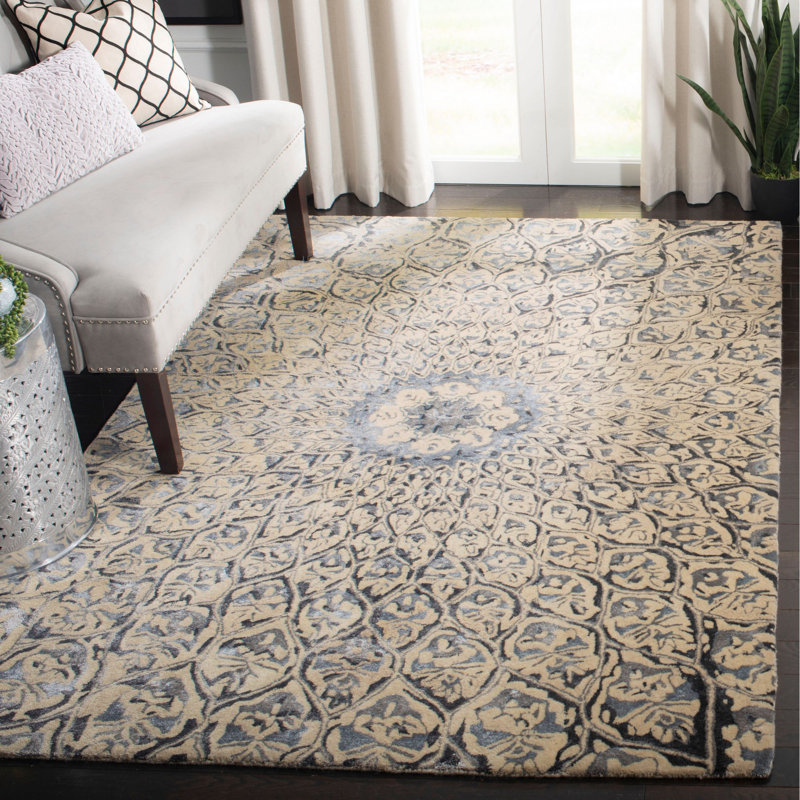 Tapis en laine / bambou touffeté à la main Bale ivoire / gris anthracite, Rectangle 8 pi x 10 pi