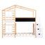 Lit simple au-dessus d'un lit superposé avec tableau noir et plateforme de rangement pour fenêtres, conception à profil bas, charmantes fenêtres de toit en pin, escaliers, structure en bois