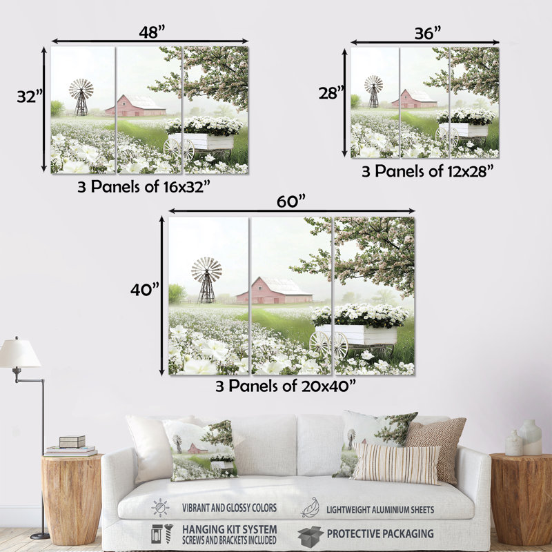 «Floral Farm Cart At The Barn II» - ensemble d'art mural grange, Métal métal, H 32 po x l 48 po x P 1 po