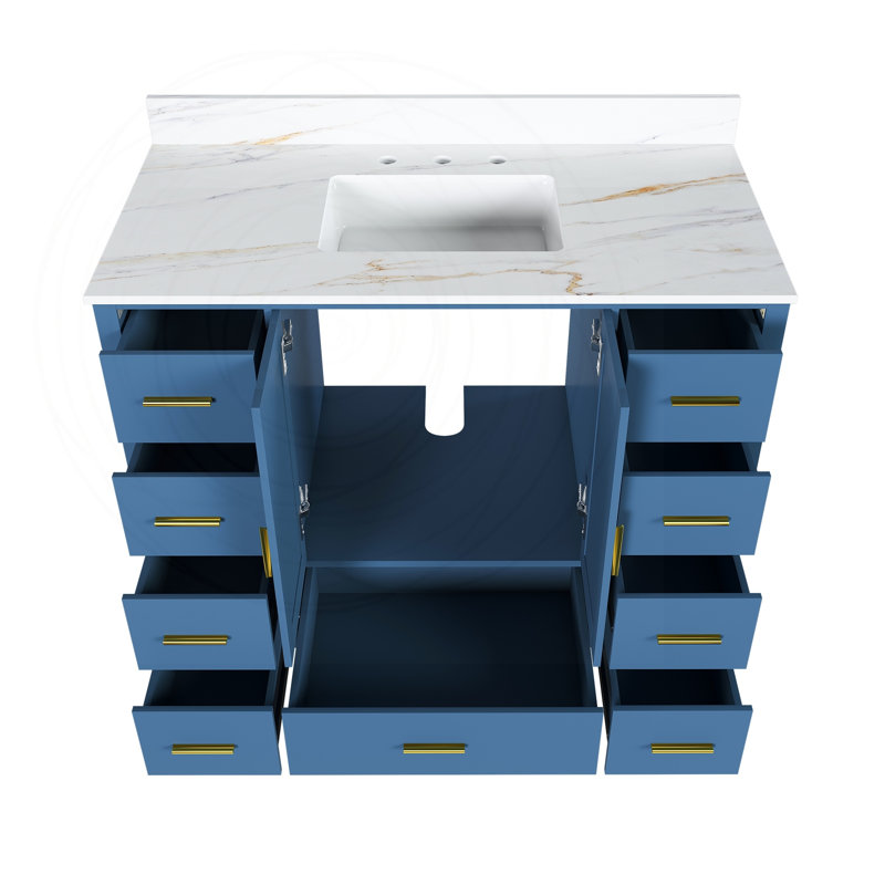 Meuble-lavabo moderne en bois massif de 42 po avec comptoir en pierre frittée et 9 tiroirs, Blue, Widespread