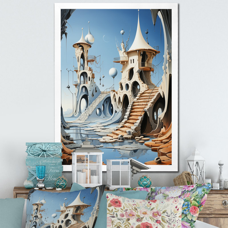Château fantastique III sur toile, H 32 po x l 24 po x P 1 po, Cadre simple blanc