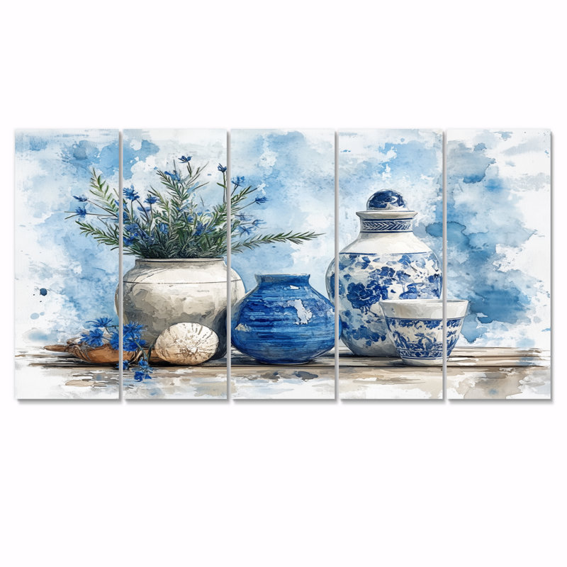 Bleu et blanc Boho Pottery Coastal Artistry III - ensemble d'art mural Boho Pottery, H 32 po x l 80 po