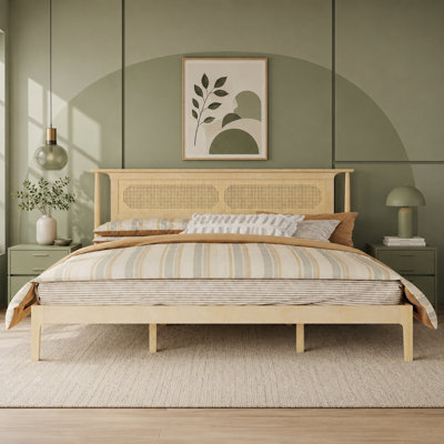 King Size Solid Wood Bed Frame with Rattan Headboard