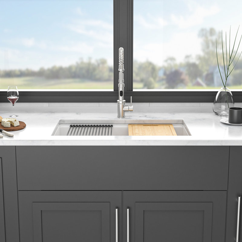 Quartz Composite Sink 33X19" White - Tough Workstation Undermount With Added Feature Benefits Kitchen Included Bundle, Silver