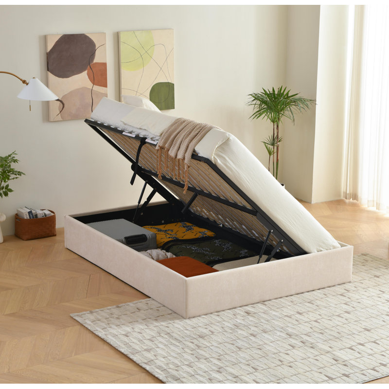 Aristedes Side Lift Up Platform Storage Bed, Beige, Queen