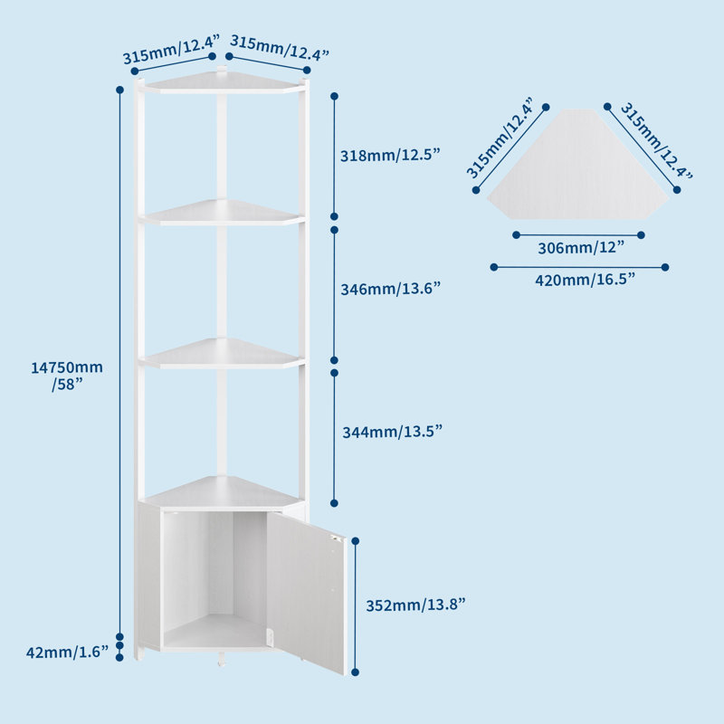Étagère d'angle à 5 niveaux, support de rangement moderne et peu encombrant avec portes, White
