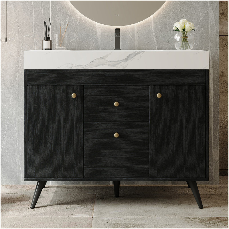 Meuble-lavabo autoportant moderne de 36 po avec plateau en pierre frittée, lavabo en céramique et rangement intelligent, Noir