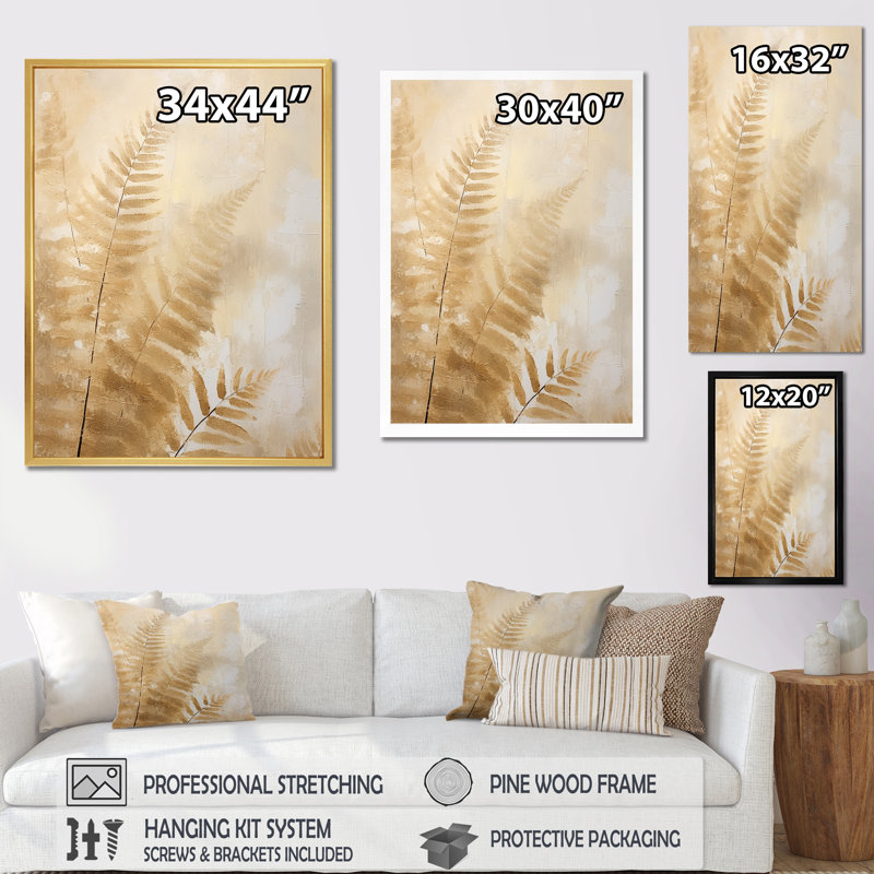 Golden Ferns Silent Symphony I sur impression sur toile, H 44 po x l 34 po x P 1,5 po, Cadre simple argenté