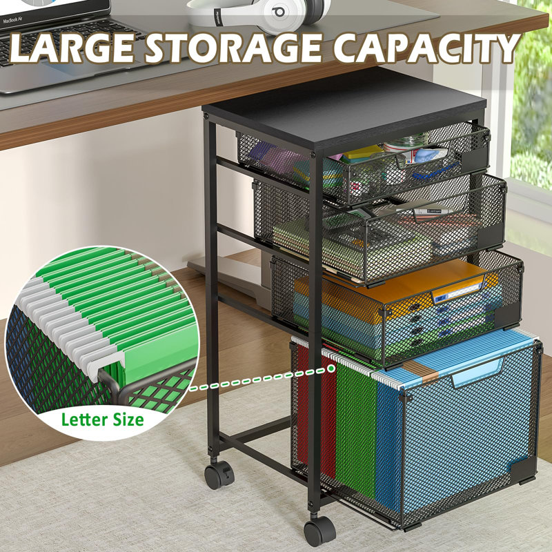 Rolling File Cart With 4 Storage Drawers, Filing Cabinet, Hanging File Folder Organizer With Wheels Under Desk, Utility Craft Cart Printer Stand, Black