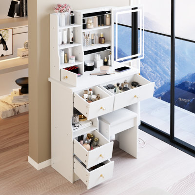 29.2" Desktop Vanity And Cushioned Stool , 2 Ac+2 Power Station, Hair Dryer Stand, Large Touch - Controlled Sliding Led Mirror With Adjustable Colors Brightness, Suitable For Little Left Drawer