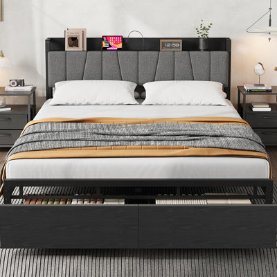 Bed Frame with a Functional Storage Headboard, Industrial Full Platform Bed with 2 Large Drawers