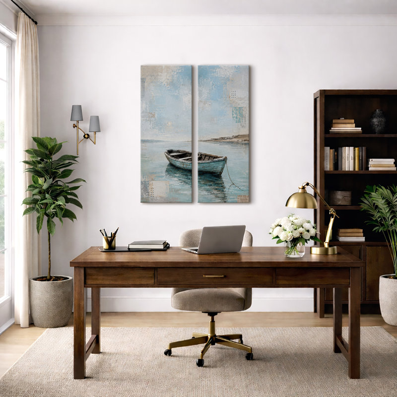 Barque bleue rustique sur eau calme, décoration murale nautique minimaliste – Ensemble de 2 impressions d'art encadrées sur toile 32 po x 12 po x 2
