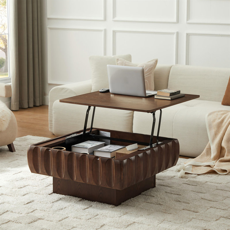 Table basse carrée à plateau relevable avec structure en bois massif et rangement caché, Noyer