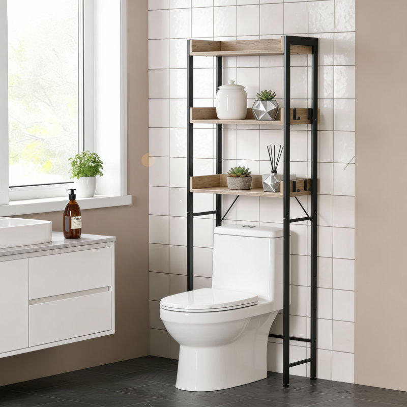 Au-dessus de la toilette, tablette de rangement de salle de bain à 3 niveaux, grège et noir