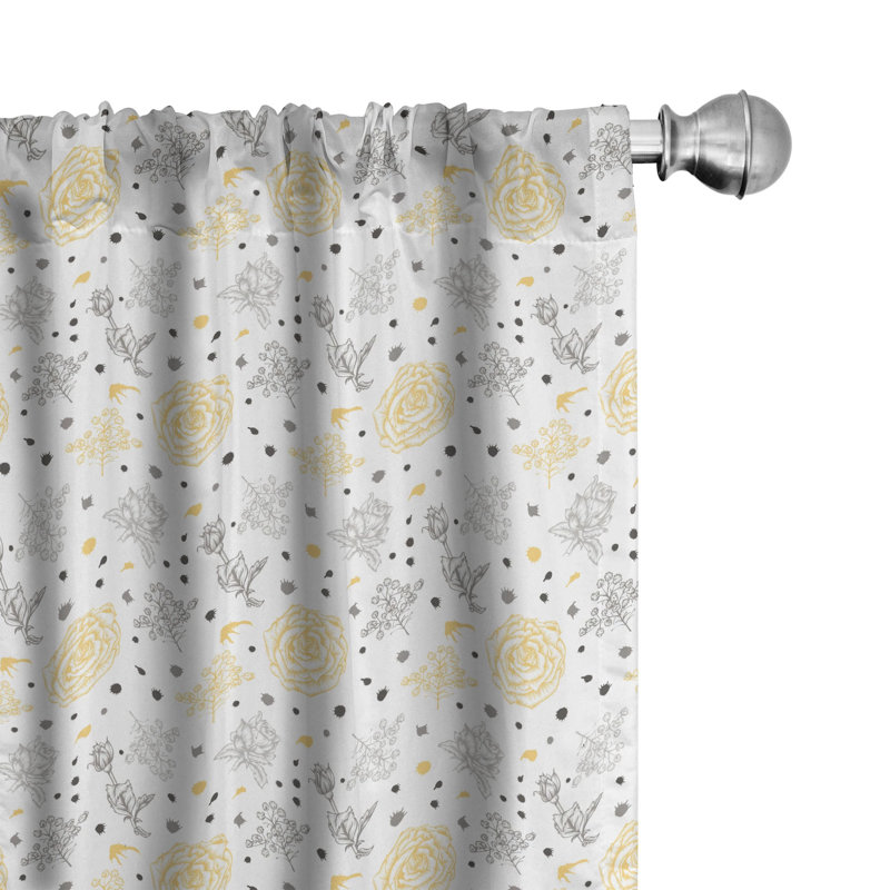 Grunge Sketchy Romantic Roses Leaves Semi-Sheer Rod Pocket Curtain Panels, 28" x 95"
