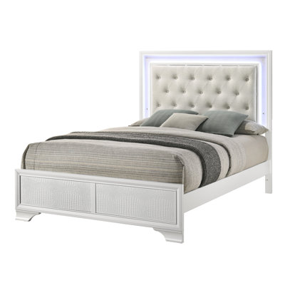 Contemporary Queen Panel Bed With Upholstered, Led - Lit And Button Frost/oat Textured Headboard, Solid Wood White Color
