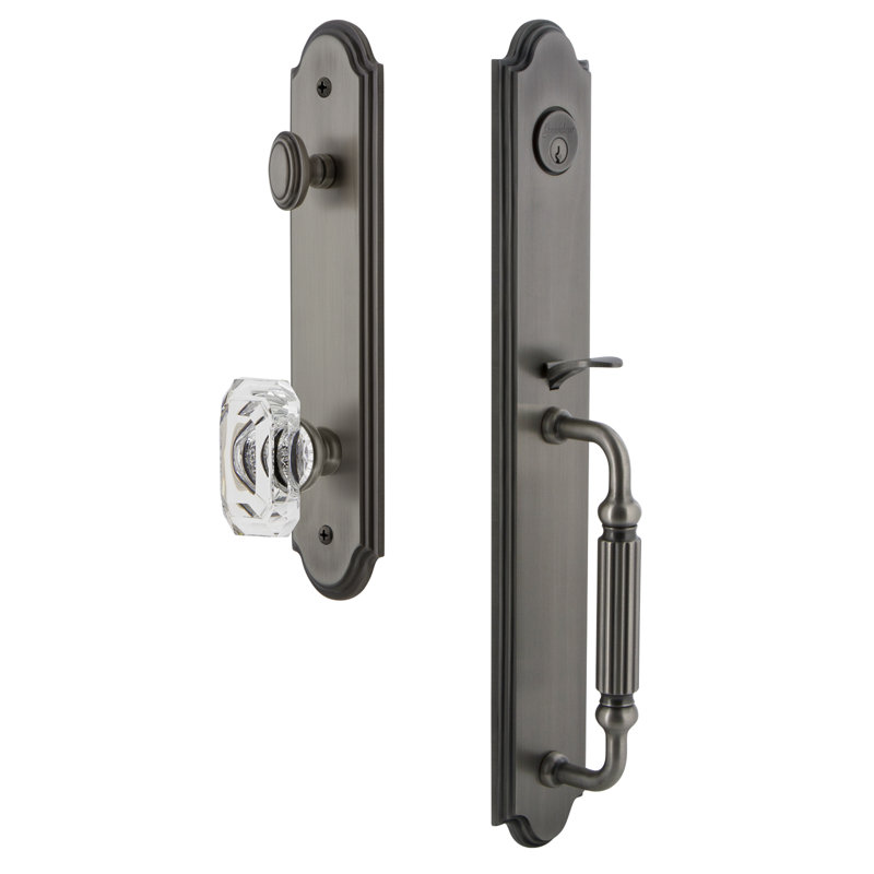 Arc Handleset with Single Cylinder Deadbolt and Baguette Crystal Door Knob and Arc Rosette, Antique Pewter, 2.375"