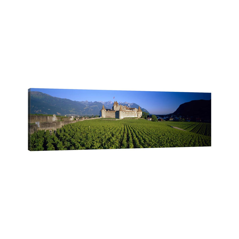Vineyard in Front of a Castle, Aigle Castle, Musee De La Vigne Et Du Vin, Aigle, Vaud, Switzerland 1 Piece Wrapped Canvas Panoramic Wall Art