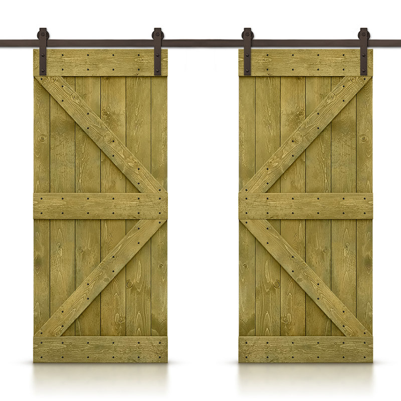 Porte de grange double à panneaux en bois teinté K Series avec ensemble de quincaillerie coulissante, 44 po x 84 po