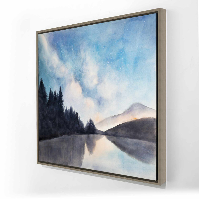 «Lakeview by Night», toile encadrée bleue - Arbres de décoration intérieure