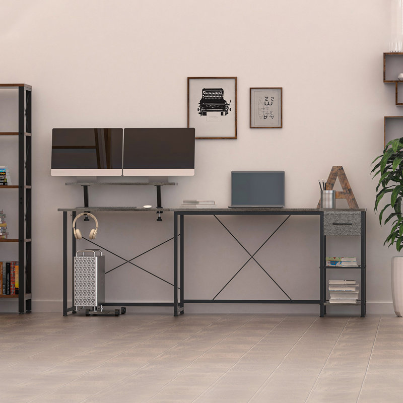 Ivanno L-Shaped Metal Base Computer Desk, Gray/Black