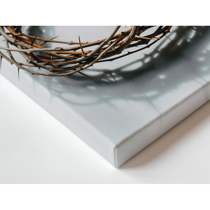 Toile, composition minimaliste mettant en vedette une couronne détaillée d'épines d'art tissé au centre sur un fond blanc doux, art mural sur toile