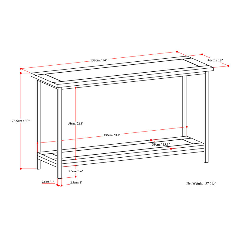 Skyler 54'' Industrial Dark Cognac Brown Solid Mango Wood & Metal Console Table with Shelf