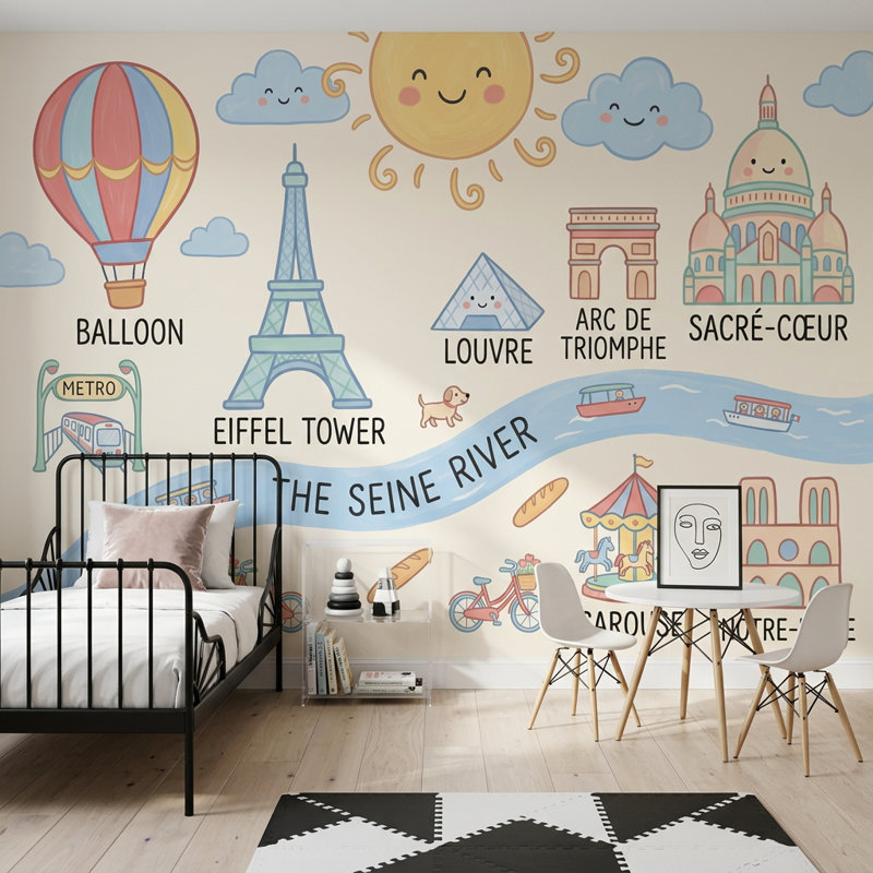 Papier peint montgolfière tour Eiffel, 100 po x 96 po, Non tissé