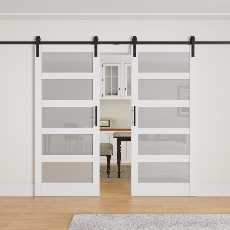 5-Lite Frosted Glass Sliding Double Barn Doors Primed Surface Ready To Use All Installation Hardware Kit Door Lock Soft Close Included