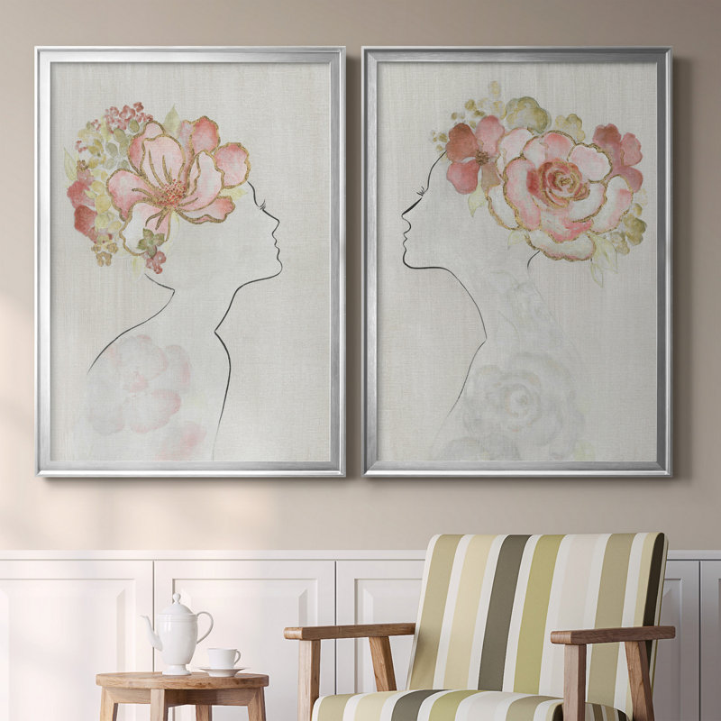 Fashion Floral Silhouette I - Ensemble de 2 peintures sur toiles, H 30,5 po x l 85 po x P 3 po, Toile avec cadre argenté