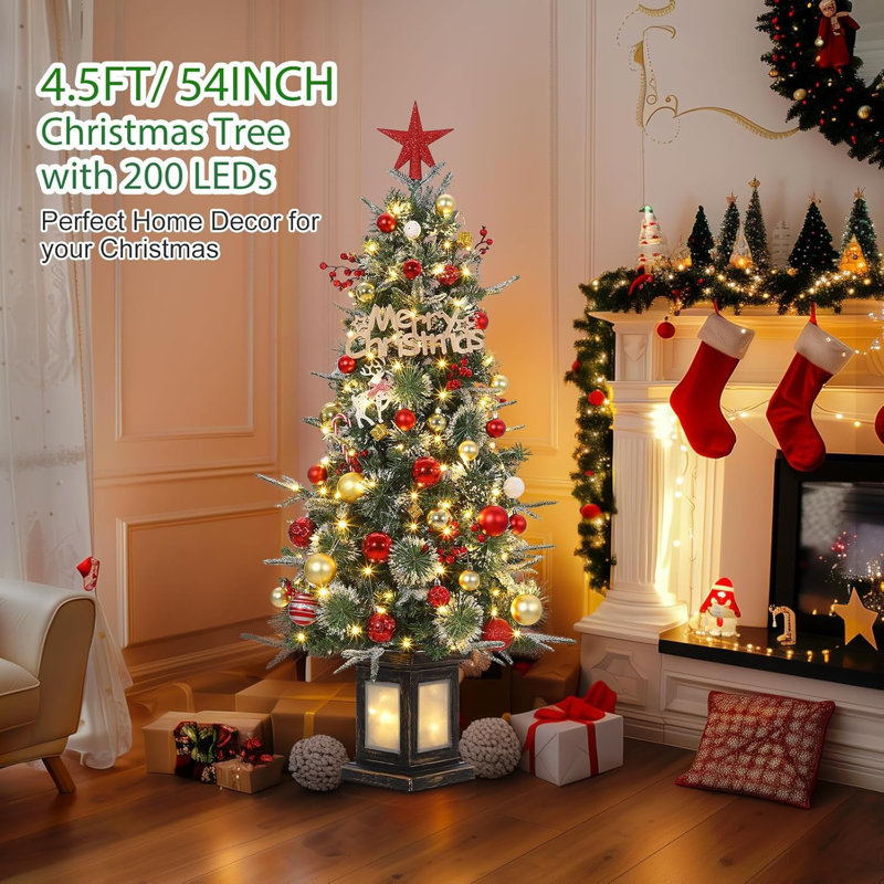 Arbre de Noël artificiel 4,5 pi avec 200 lumières DEL multicolores, 9 modes, arbre de Noël artificiel avec base en pot pour décoration de maison, de bureau et de fête 4,5 pi