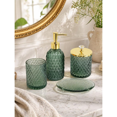 4Pcs Sage Green Glass Bathroom Set Complete w/Bathroom Soap Dispenser Set, Toothbrush Holder, Qtip Holder, Soap Dish, Green