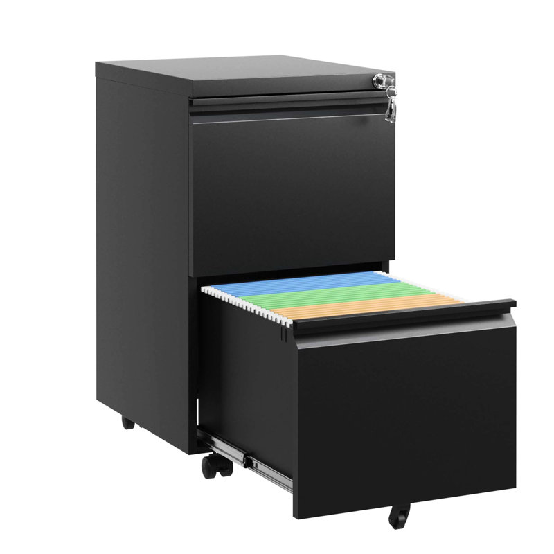 2 Drawer Metal Mobile File Cabinet With Lock - Stores Legal/Letter/A4 Docs, Fully Assembled Black Office Equipment Locking Drawers Files, Accessory