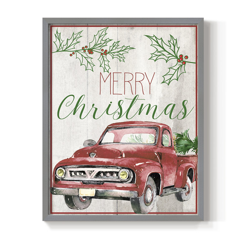 Merry Christmas - camion rouge, reproduction encadrée - bois massif, Gris, H 30 po x l 24 po