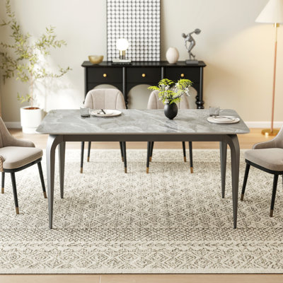Table de salle à manger 59 po x 32 po en pierre frittée grise avec pattes en métal
