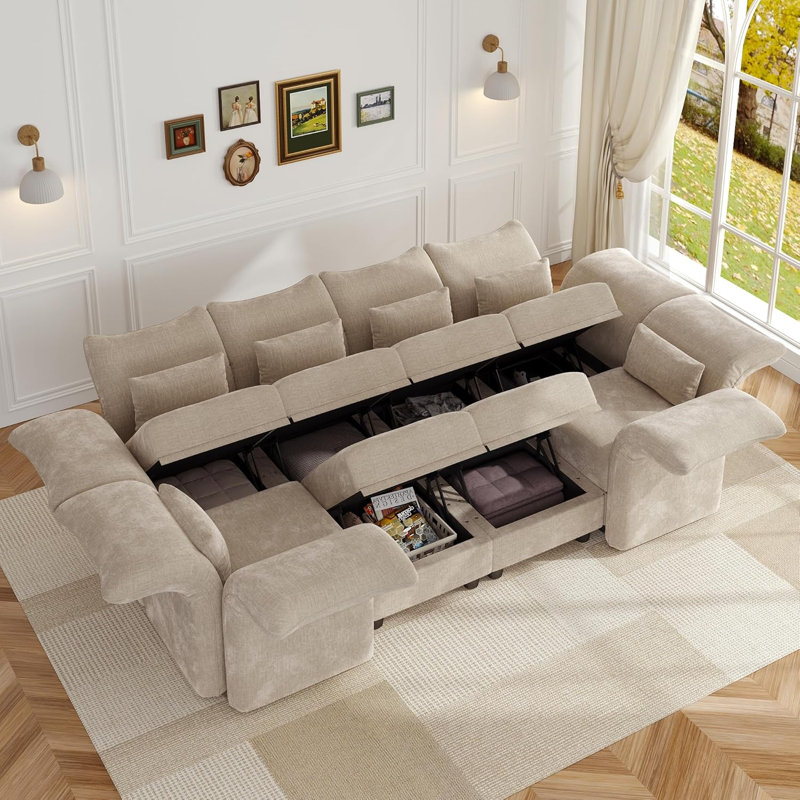 Harlaii 144'' 8 - Piece Upholstered Sectional With Storage, Ivory Velvet