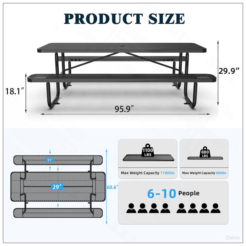 96" Rectangular Picnic Tables, Black
