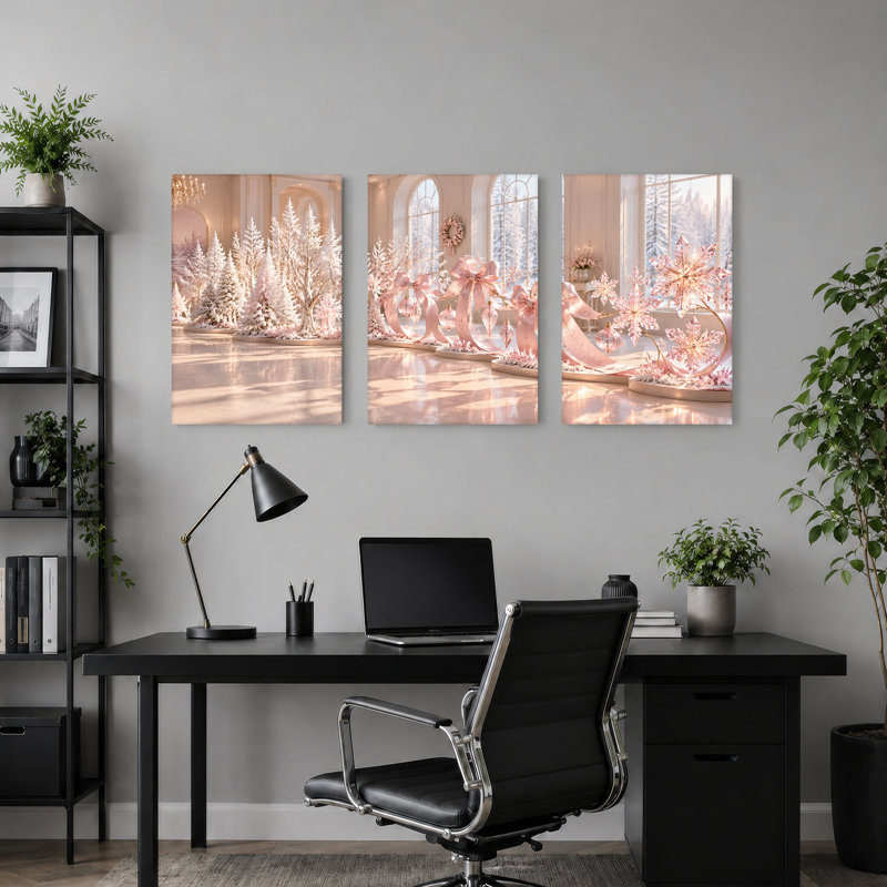Ensemble de 3 toiles blanches givrées et boucles roses à Noël, L 36 po x H 18 po au total - 3 panneaux