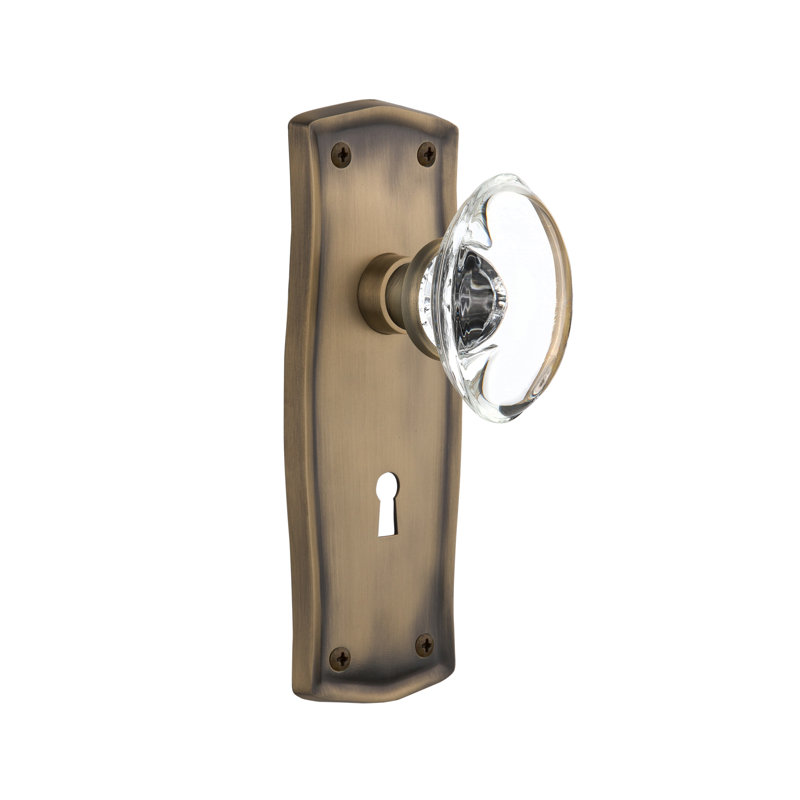 Prairie Plate with Decorative Keyhole and Oval Clear Crystal Door Knob, Antique Brass