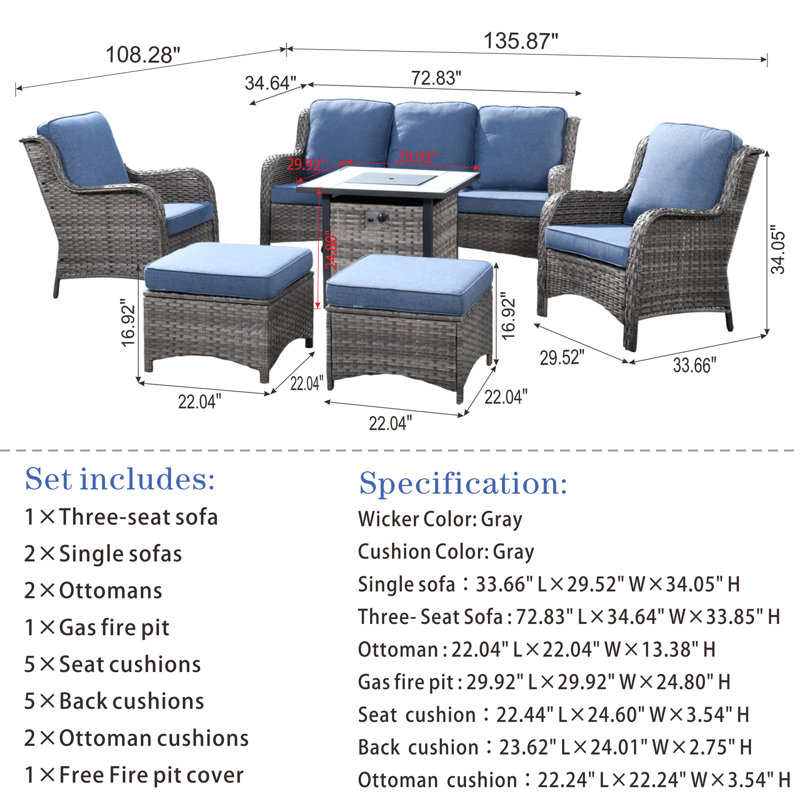 Ensemble de conversation avec canapé en rotin 6 pièces avec coussins Klodjana, Bleu denim, Gris