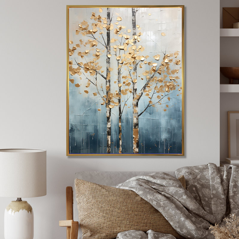 Décoration murale Harmony III - arbres dorés et bleus, H 44 po x l 34 po x P 1,5 po, Cadre flottant doré