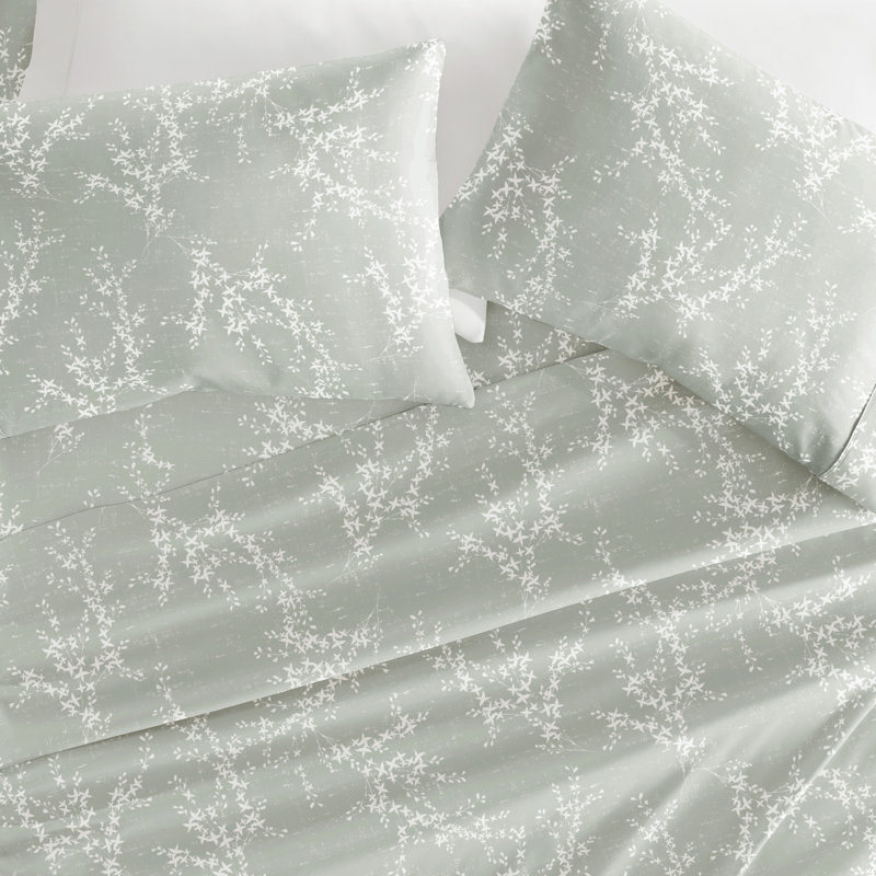 4 Piece Delicate Details Pattern Sheet Set, Distressed Willow Green Mist Floral, King Sheet Set with 2 King Pillowcase