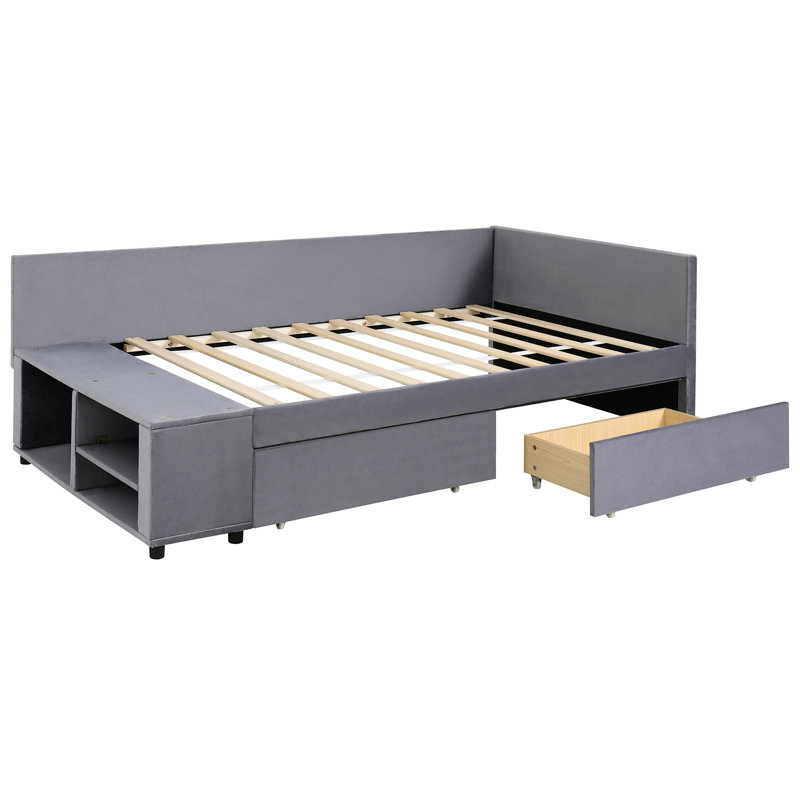 Lit simple avec revêtement en velours gris et espaces de rangement supplémentaires organisés, Gris