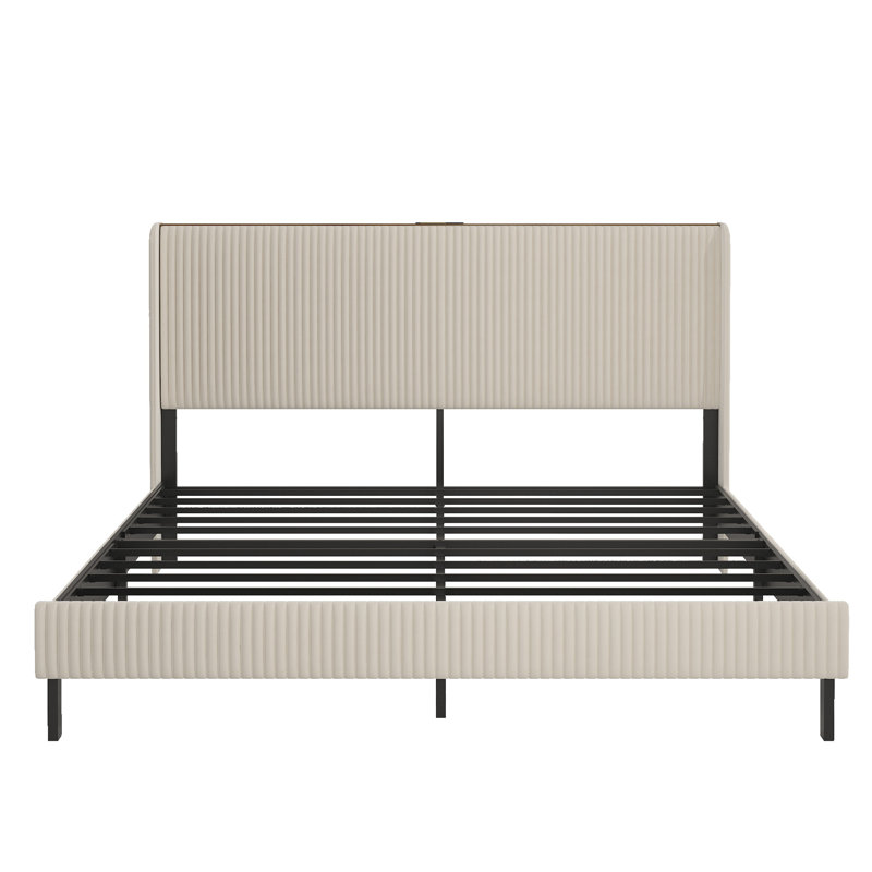 Structure de lit plateforme en métal avec station de charge - aucun sommier nécessaire, silencieux, facile à assembler, beige