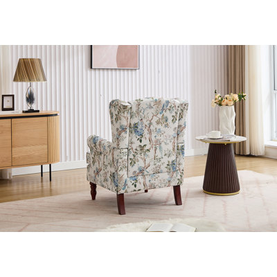 Chaise d'appoint moderne avec pieds en bois rétro, fauteuil rembourré confortable, canapé simple à motif floral pour le bureau de la chambre à coucher - Oiseau bleu floral