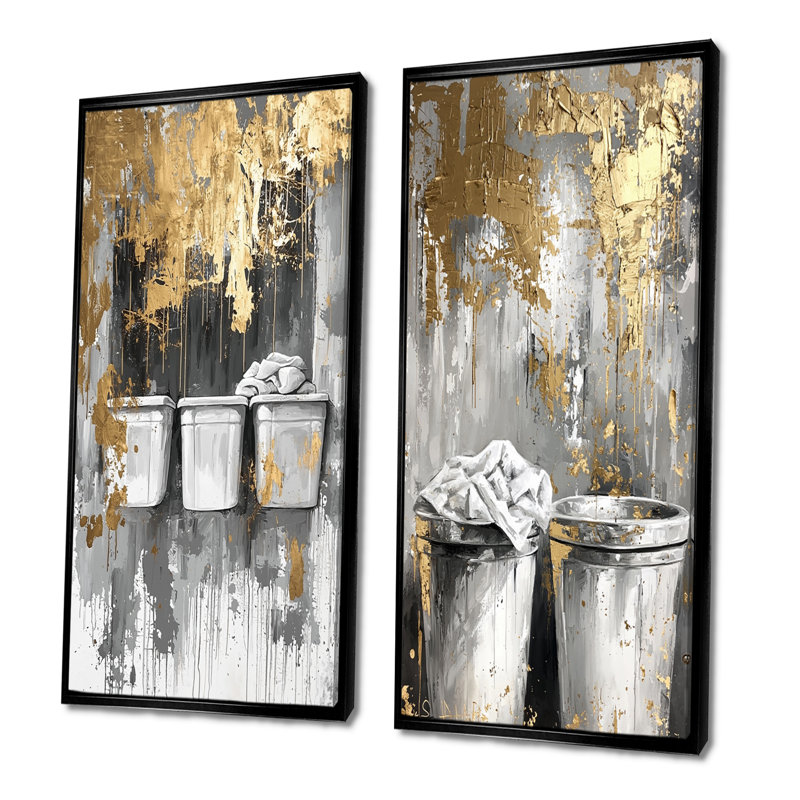 Ensemble de 2 pièces d'art mural gris et doré «Laundry Day Laundry I», H 28 po x l 24 po, Noir, noir, noir, noir