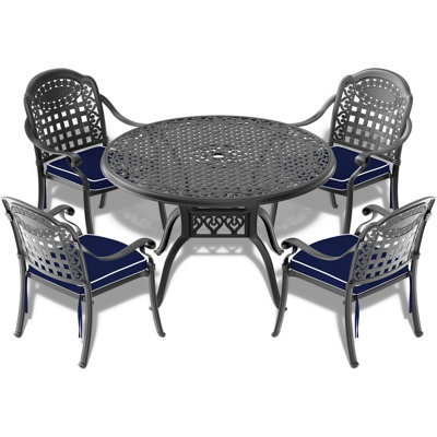 5-Piece Black Cast Aluminum Outdoor Dining Set, Patio Furniture With 47.24 In. Round Table And Random Color Cushions -  Canora Grey, D43ABAA9512C4FEEB08FBA6452341AED